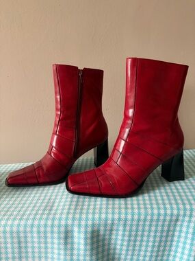 Bakers Red Leather Mid-Calf Block Heel Boots